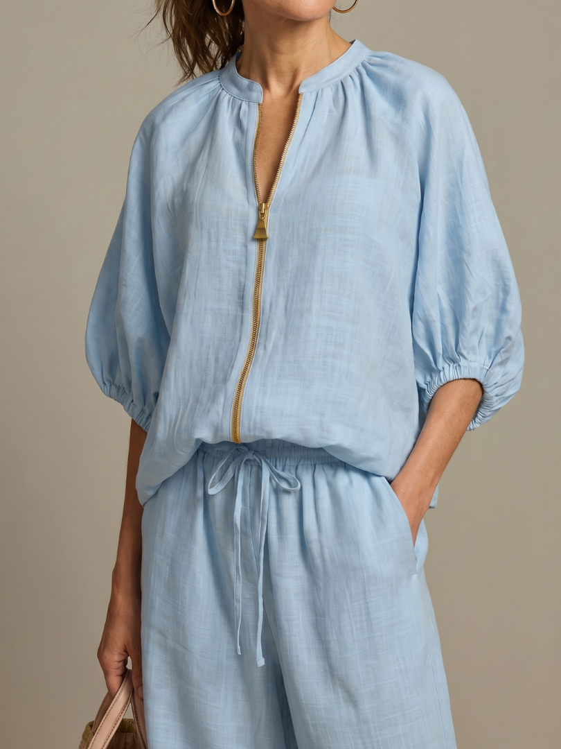 Natalia | Completo con Blusa con Zip e Pantaloni a Gamba Larga
