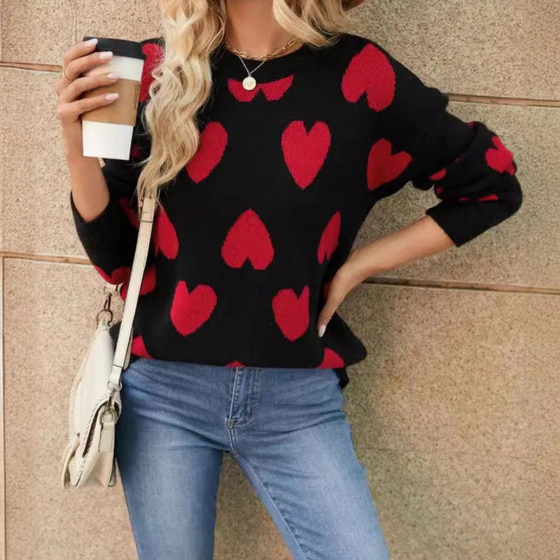Taliah – Maglione a maniche lunghe con motivo a cuori e scollo rotondo