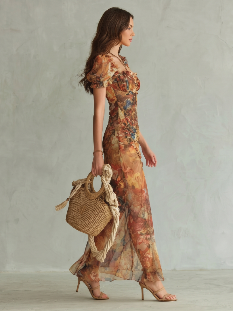 Celia | Abito Midi con Maniche a Volant, Drappeggio e Spacco