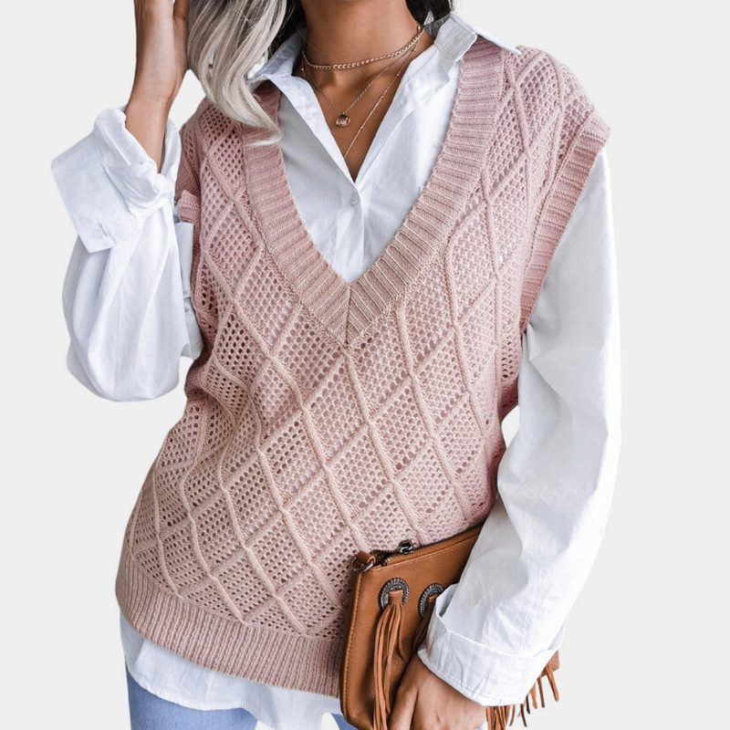 Brinley - Maglione senza maniche con scollo a V e dettagli a coste