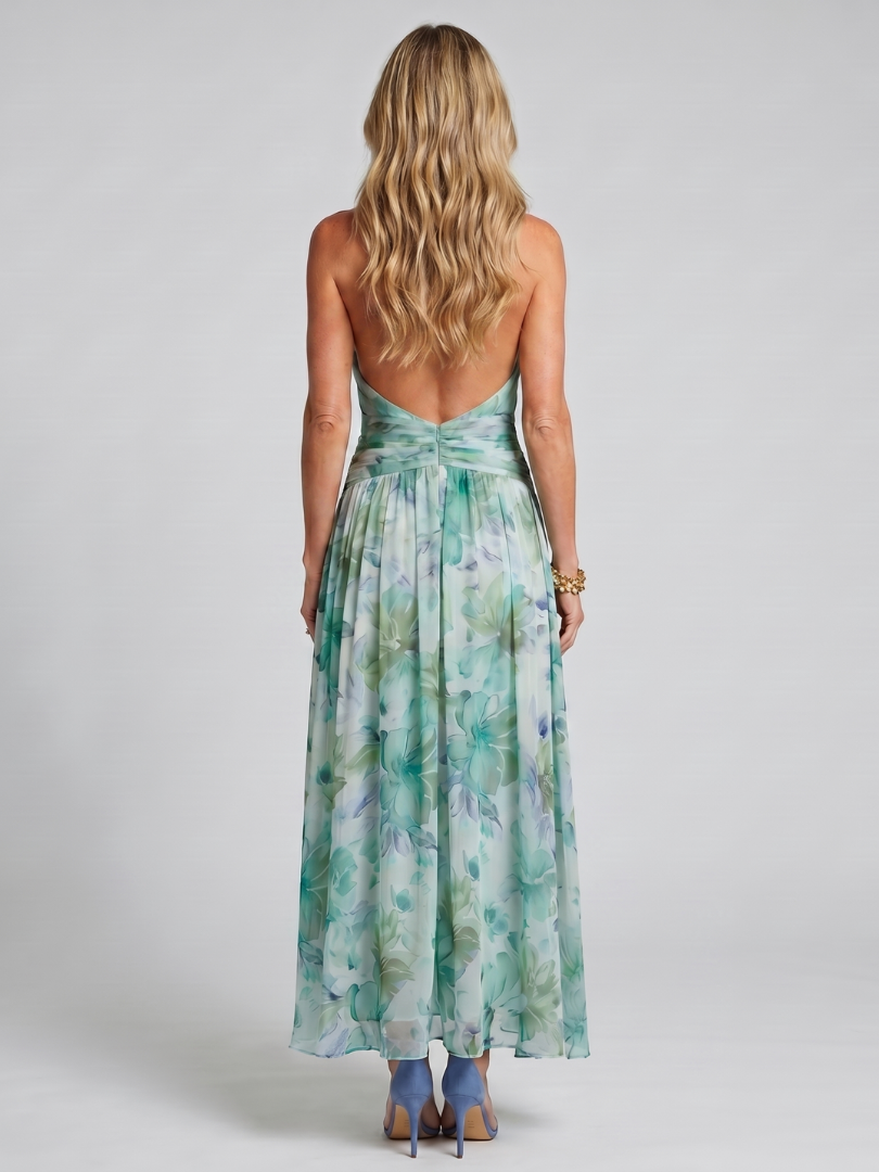 Portia | Abito Midi Plissettato Halter con Fantasia Floreale Morbida