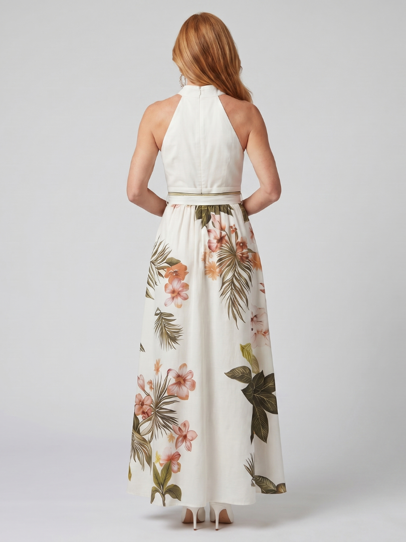 Sandra | Abito lungo con scollo all’americana drappeggiato e pannelli botanici