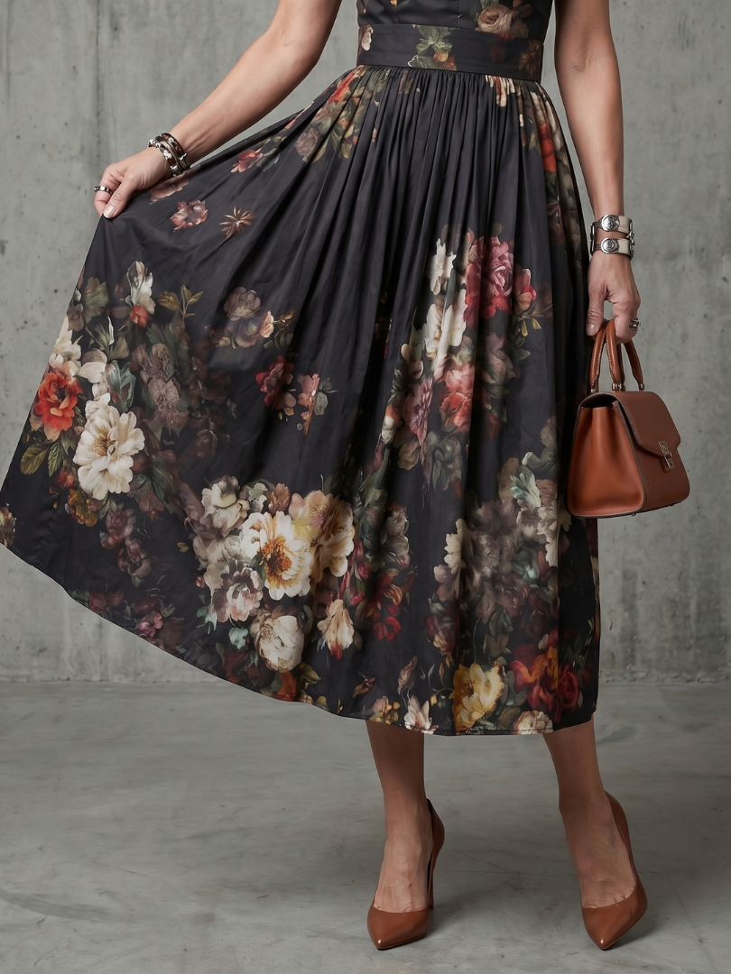 Greta | Abito midi plissettato floreale con collo alto e apertura a goccia