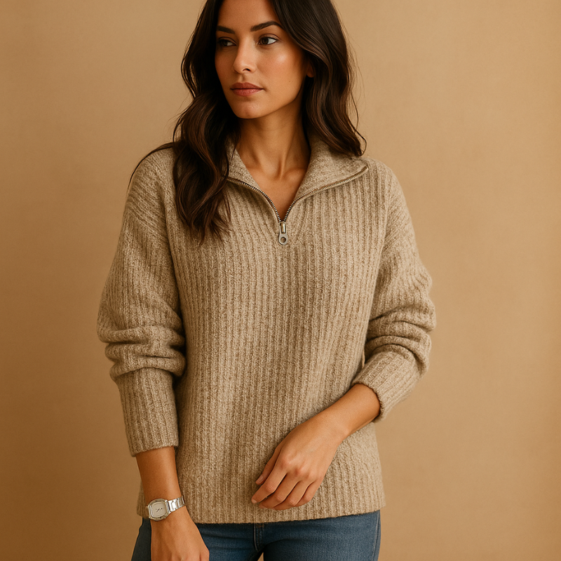Zyvenna – Maglione a manica lunga con chiusura a mezza zip | Design a righe per dettaglio visivo | Uso quotidiano casual | Taglie XS–XL | Kaki, Grigio, Grigio chiaro, Blu, Nero