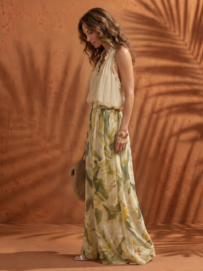 Solange | Completo con Blusa Halter e Pantaloni Floreali a Gamba Larga