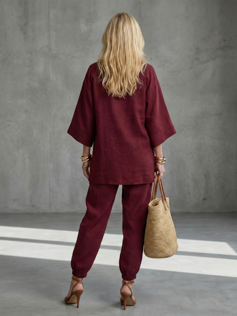 Georgiana | Completo tunica con scollo a V e pantaloni con orlo arricciato