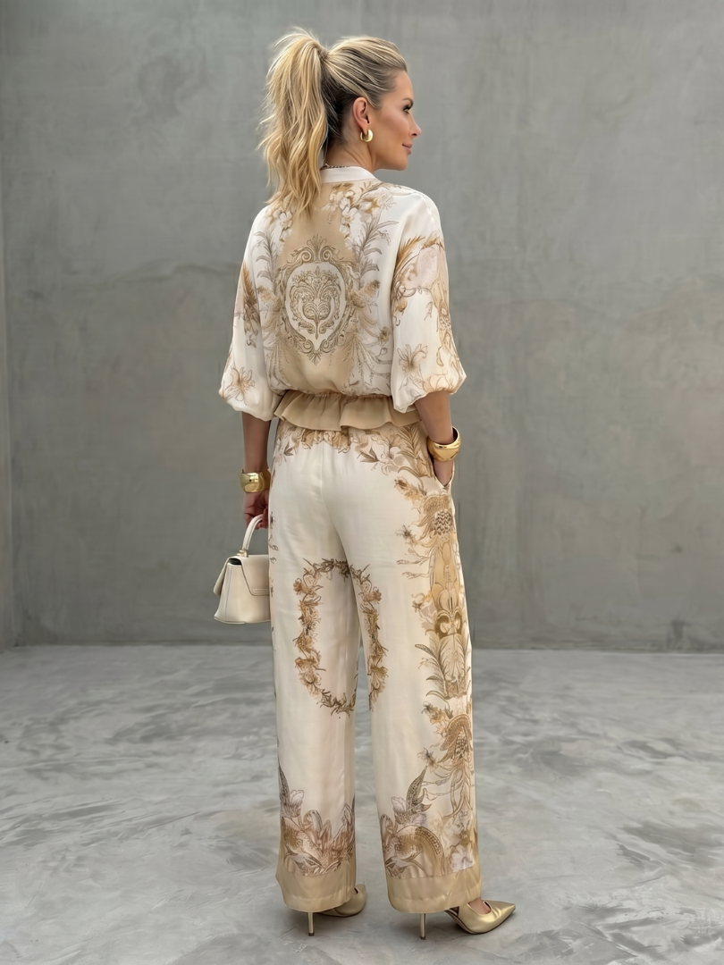 Gema | Completo Due Pezzi con Blusa Zip Front e Pantaloni Stampati