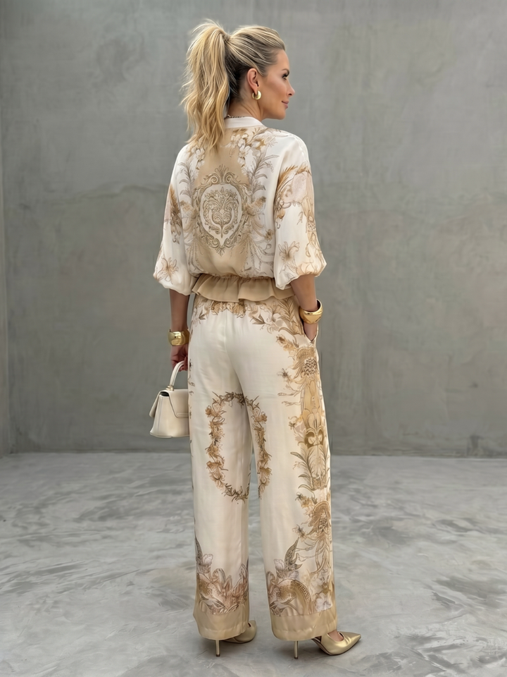 Gema | Completo Due Pezzi con Blusa Zip Front e Pantaloni Stampati