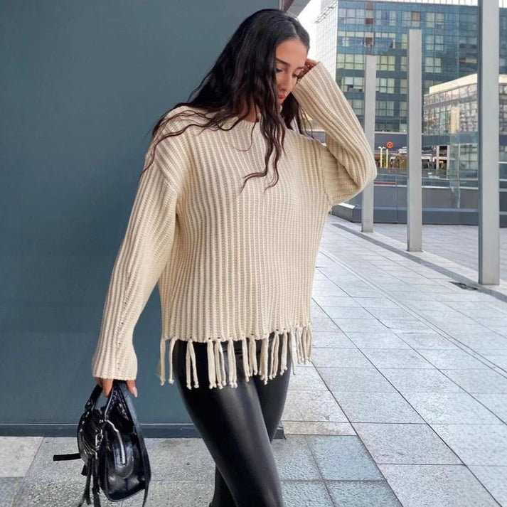 Aven – Maglione girocollo a maniche lunghe con frange