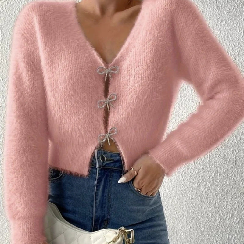 Aysel – Maglione a maniche lunghe con scollo a V e design con fiocco