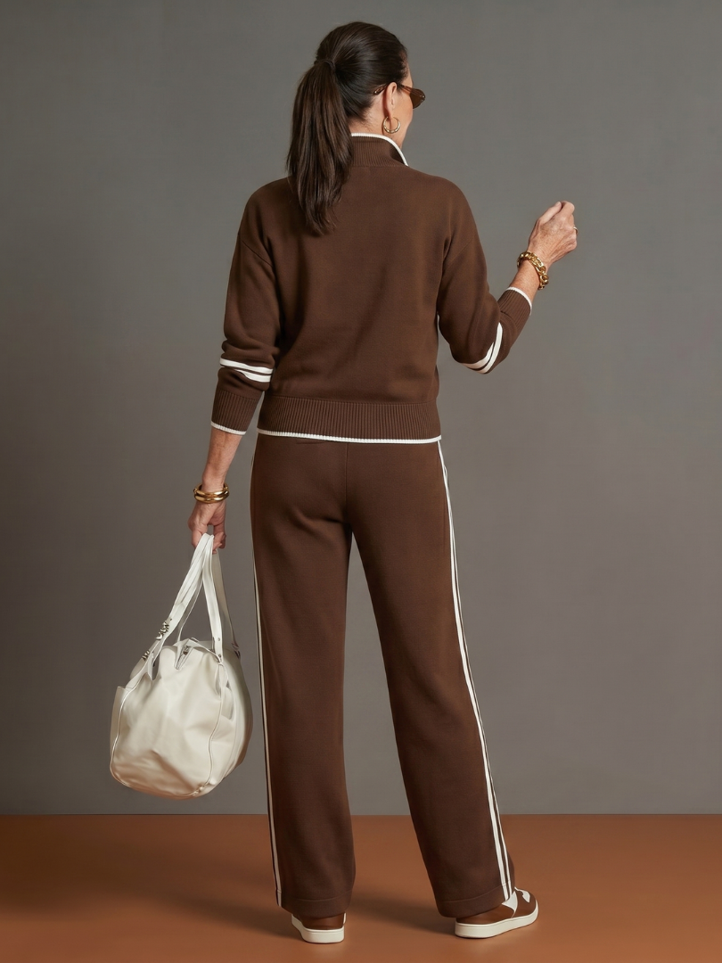 Lorenza | Set con Top a Maniche Lunghe con Zip e Pantaloni a Gamba Larga con Striscia Laterale