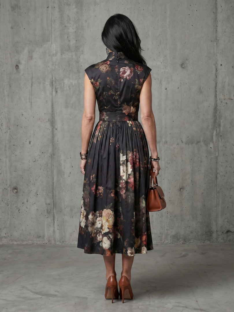 Greta | Abito midi plissettato floreale con collo alto e apertura a goccia