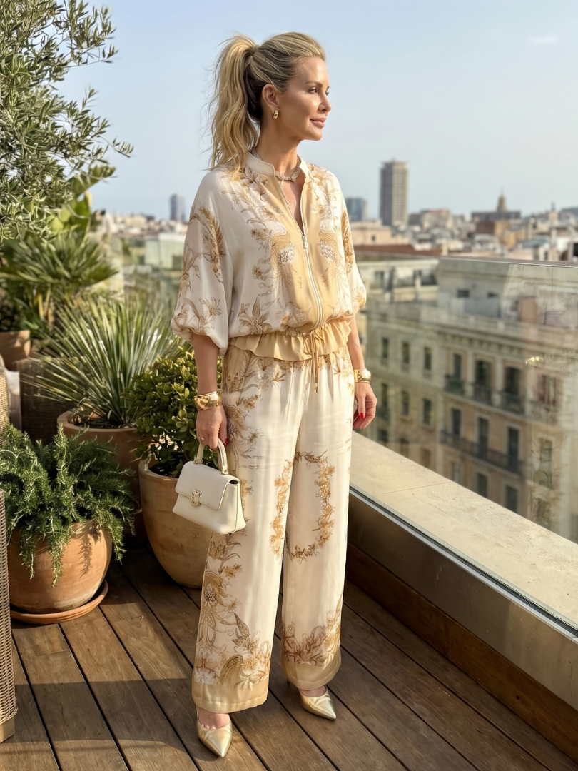 Gema | Completo Due Pezzi con Blusa Zip Front e Pantaloni Stampati