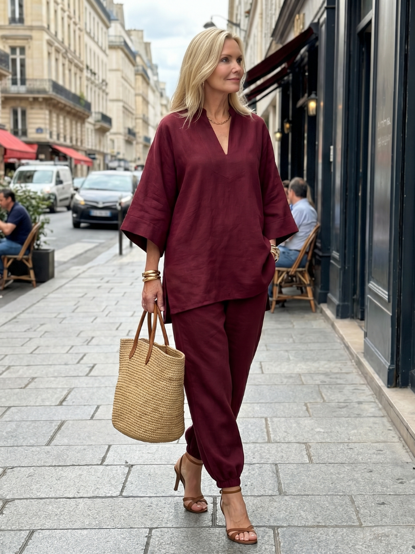 Georgiana | Completo tunica con scollo a V e pantaloni con orlo arricciato