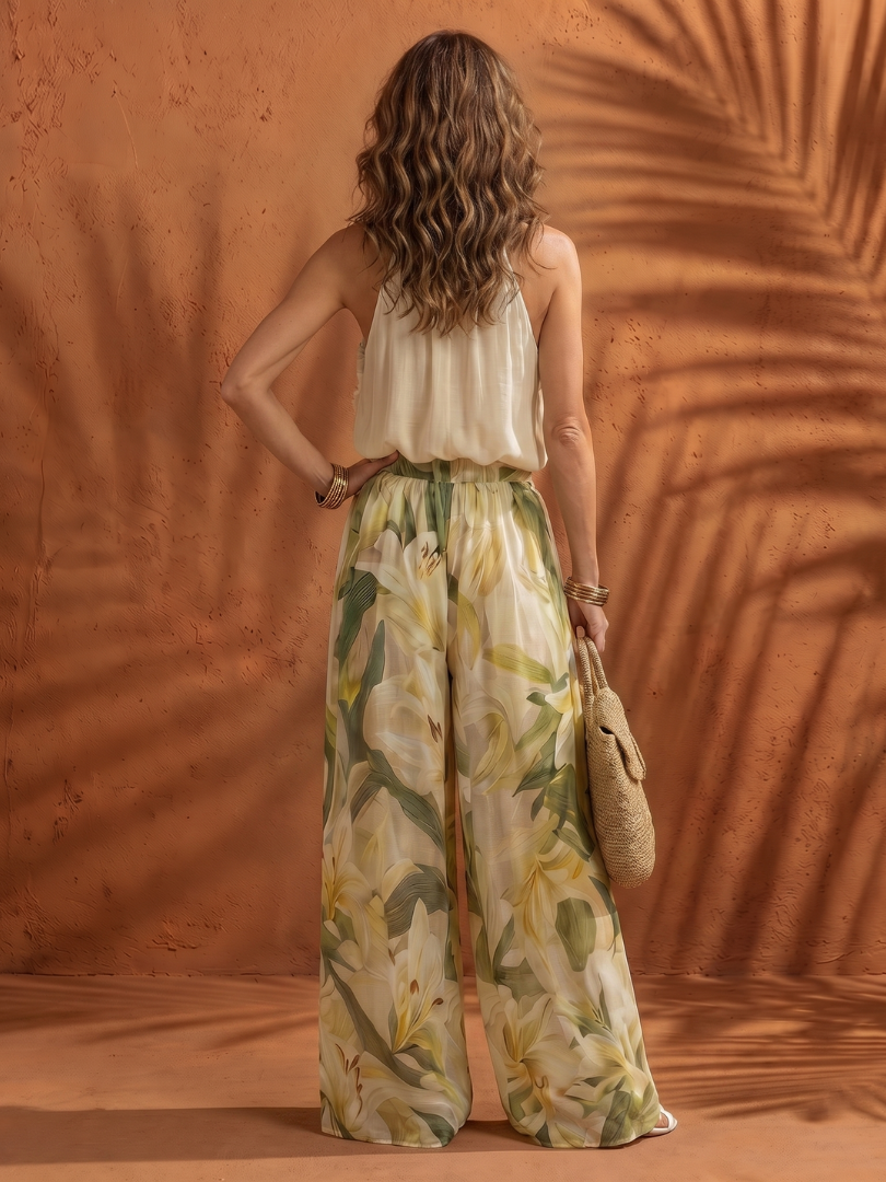 Solange | Completo con Blusa Halter e Pantaloni Floreali a Gamba Larga