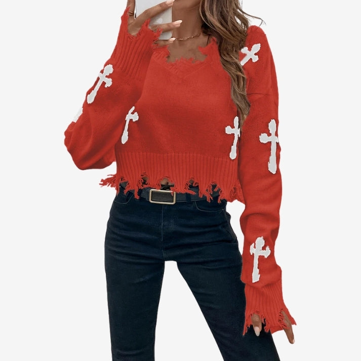 Melora – Maglione stampato a maniche lunghe con design a nappine