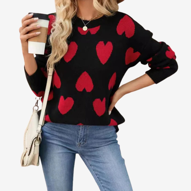 Taliah – Maglione a maniche lunghe con motivo a cuori e scollo rotondo