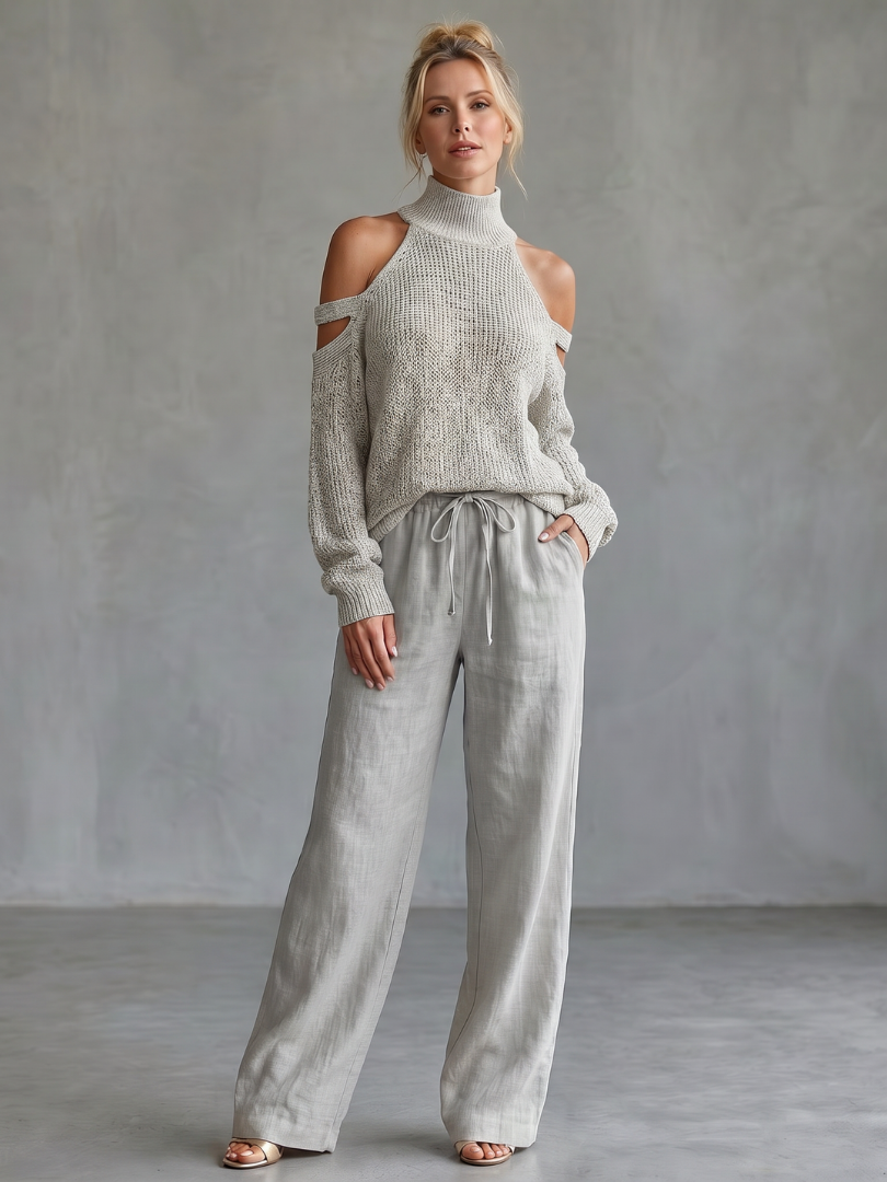 Laura | Set in Maglia con Spalle Scoperte e Pantaloni a Gamba Larga