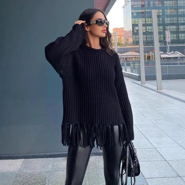 Aven – Maglione girocollo a maniche lunghe con frange