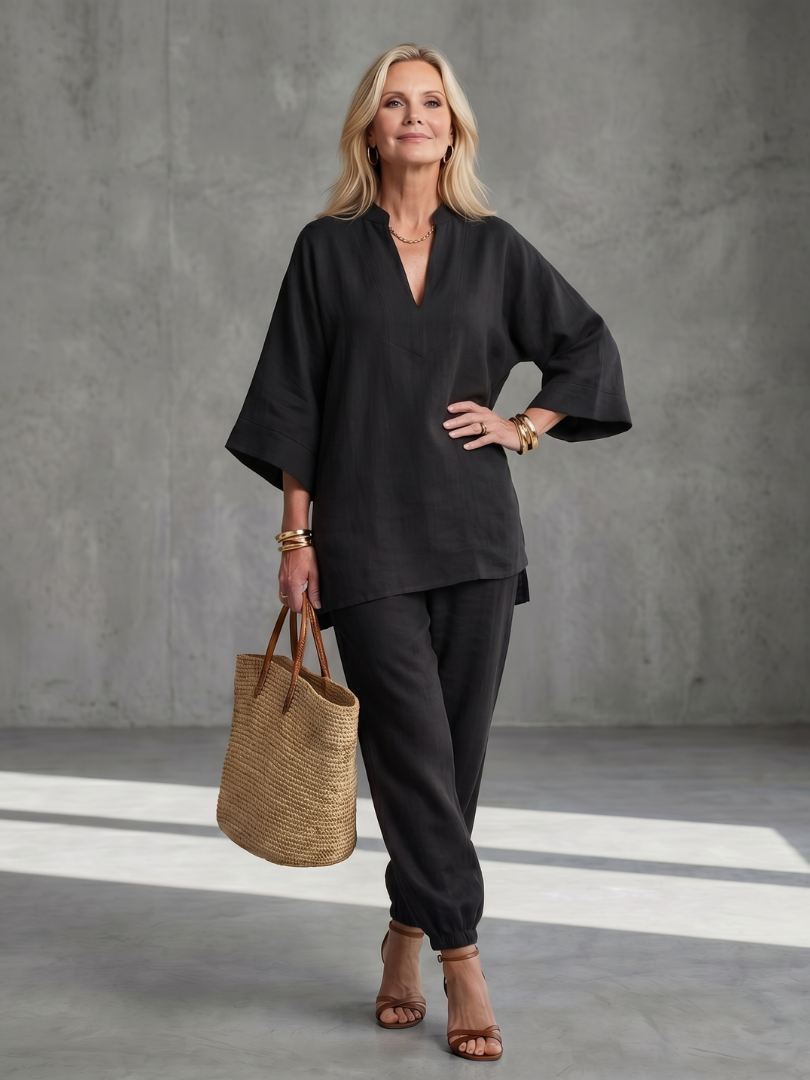 Georgiana | Completo tunica con scollo a V e pantaloni con orlo arricciato