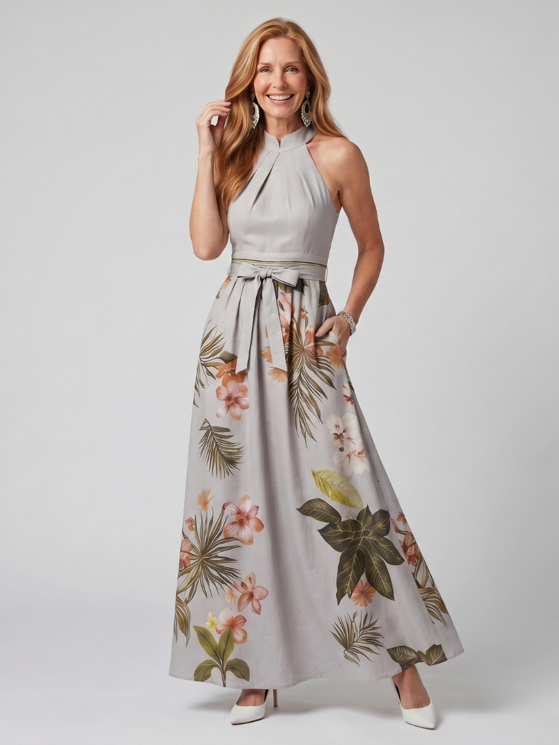 Sandra | Abito lungo con scollo all’americana drappeggiato e pannelli botanici