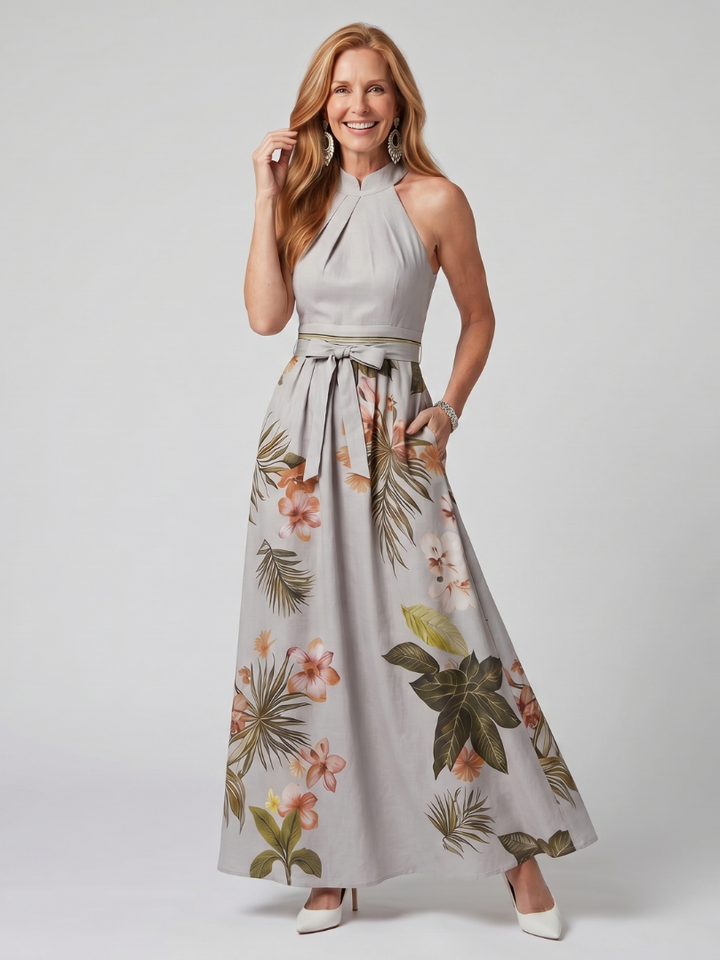 Sandra | Abito lungo con scollo all’americana drappeggiato e pannelli botanici