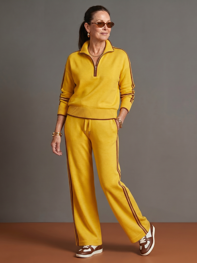 Lorenza | Set con Top a Maniche Lunghe con Zip e Pantaloni a Gamba Larga con Striscia Laterale