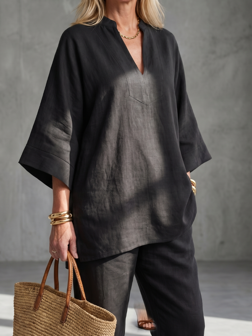 Georgiana | Completo tunica con scollo a V e pantaloni con orlo arricciato