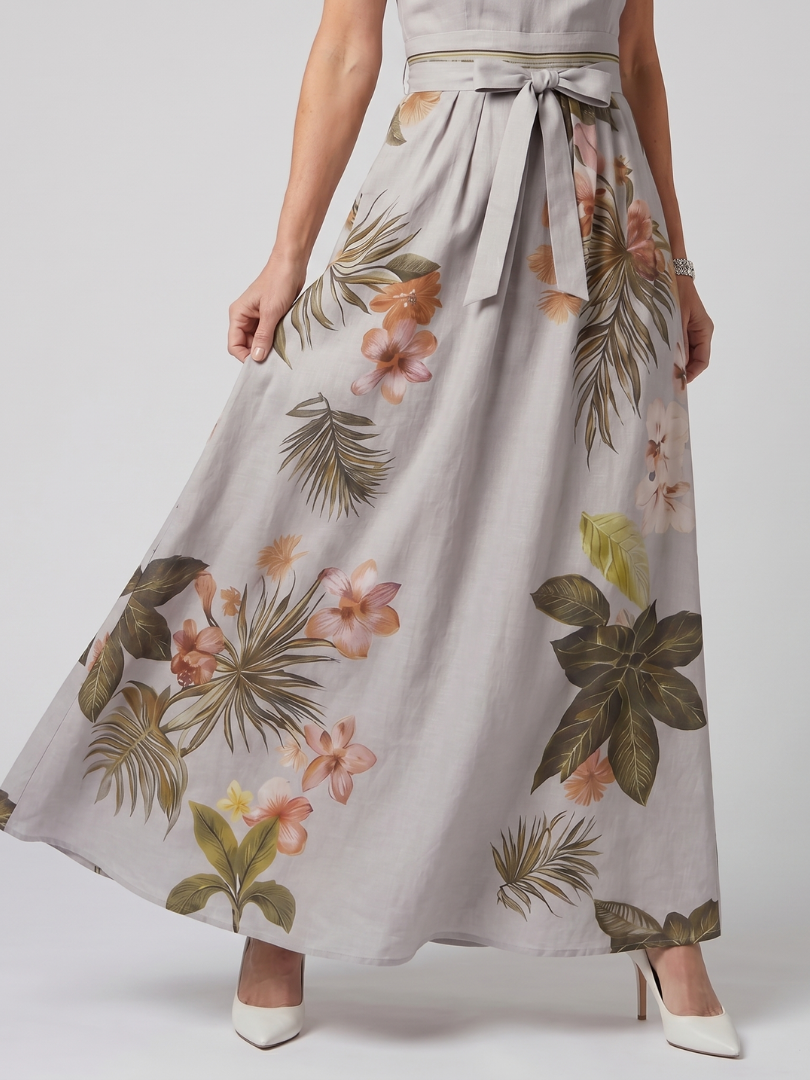 Sandra | Abito lungo con scollo all’americana drappeggiato e pannelli botanici