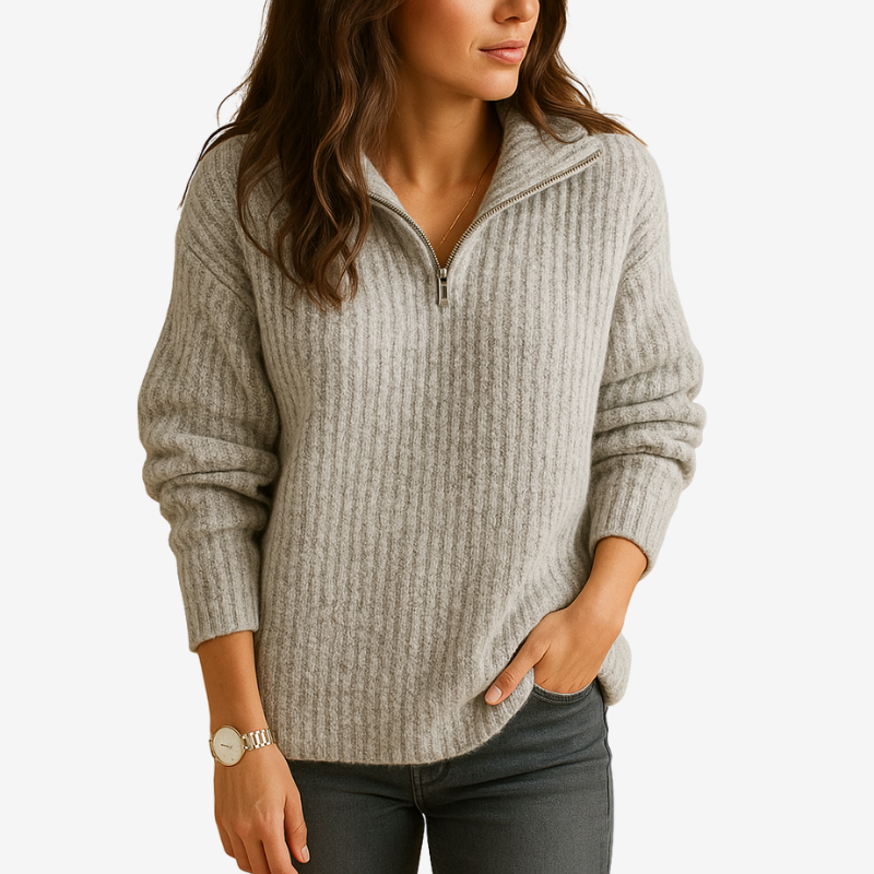 Zyvenna – Maglione a manica lunga con chiusura a mezza zip | Design a righe per dettaglio visivo | Uso quotidiano casual | Taglie XS–XL | Kaki, Grigio, Grigio chiaro, Blu, Nero