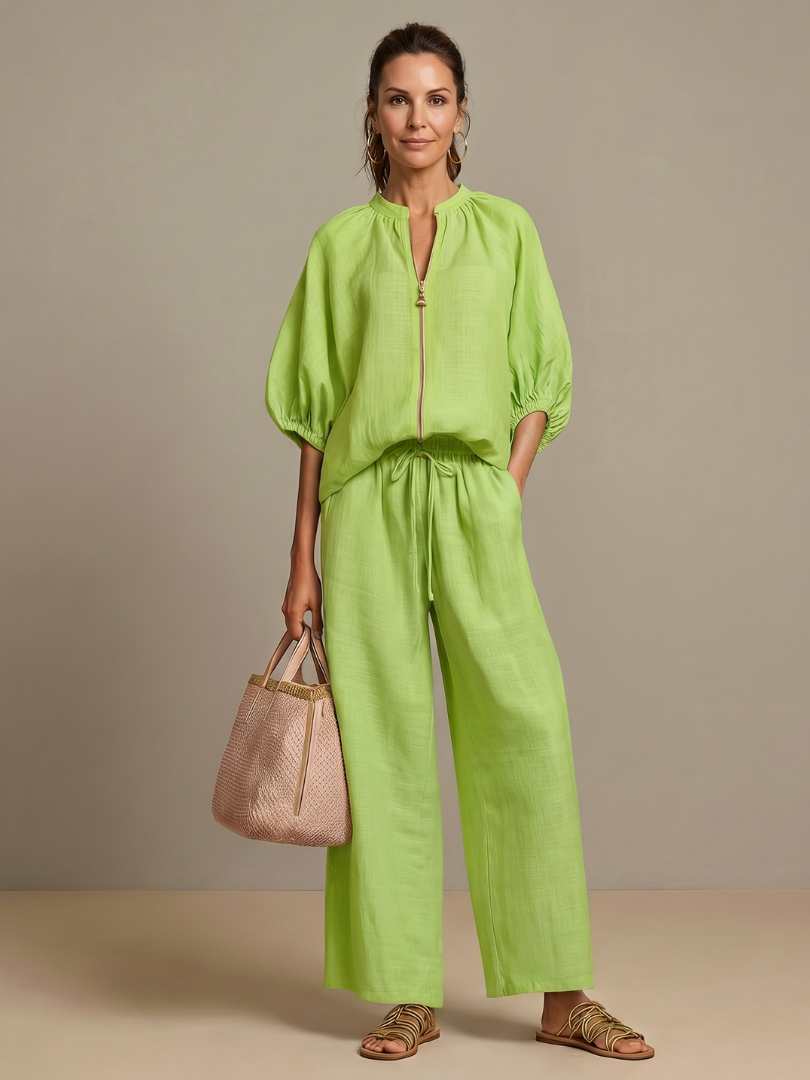 Natalia | Completo con Blusa con Zip e Pantaloni a Gamba Larga