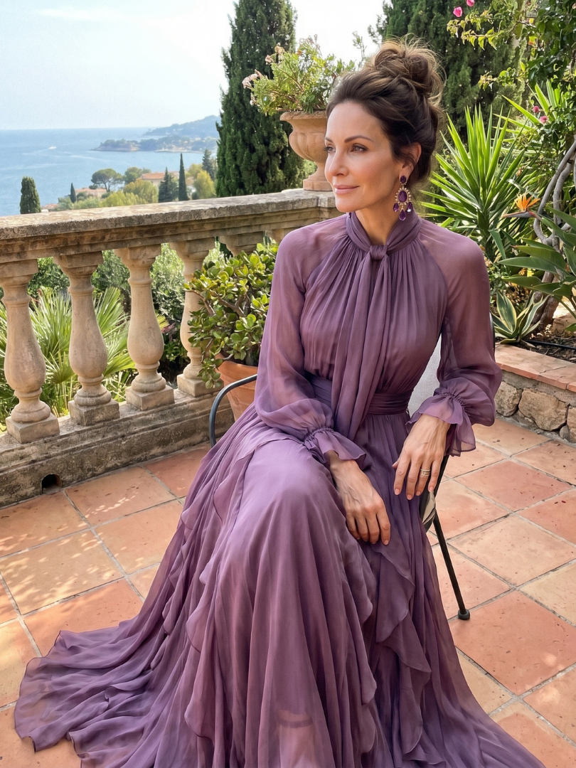 Demetria | Abito Maxi con Fiocco al Collo e Balze Stratificate