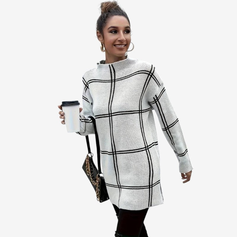 Jolanda – Maglione con Maniche Lunghe, Collo Alto e Design a Quadri