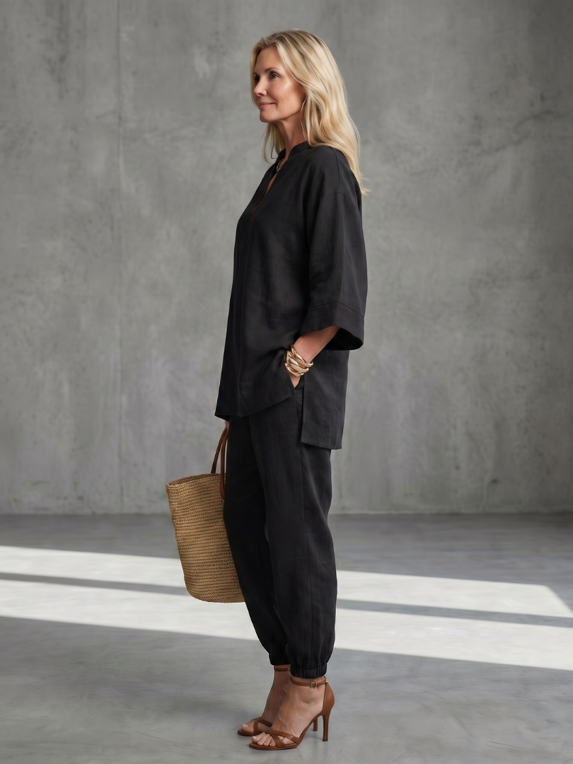 Georgiana | Completo tunica con scollo a V e pantaloni con orlo arricciato