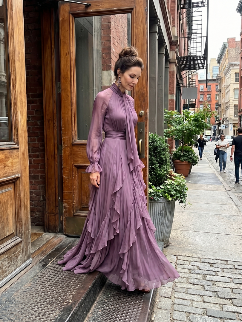Demetria | Abito Maxi con Fiocco al Collo e Balze Stratificate