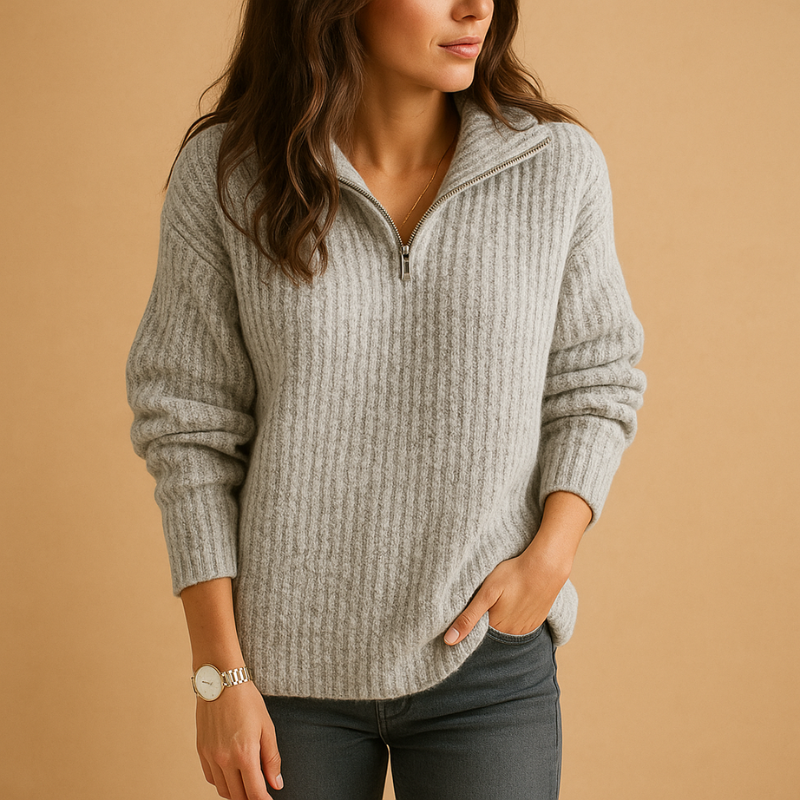 Zyvenna – Maglione a manica lunga con chiusura a mezza zip | Design a righe per dettaglio visivo | Uso quotidiano casual | Taglie XS–XL | Kaki, Grigio, Grigio chiaro, Blu, Nero