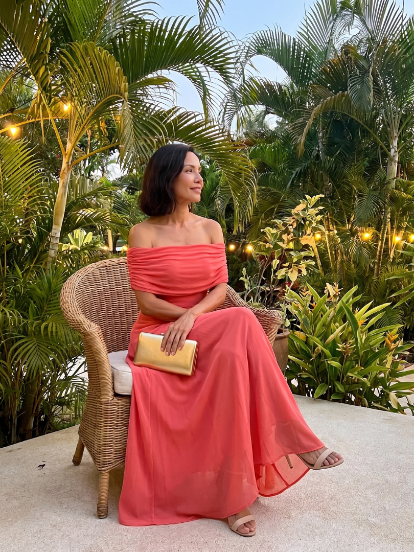 Giugno | Abito midi drappeggiato off-shoulder