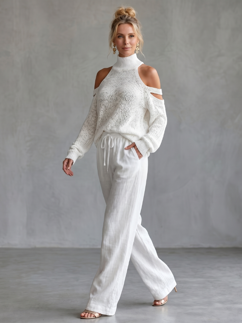 Laura | Set in Maglia con Spalle Scoperte e Pantaloni a Gamba Larga
