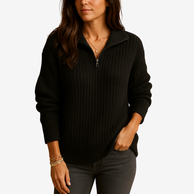 Zyvenna – Maglione a manica lunga con chiusura a mezza zip | Design a righe per dettaglio visivo | Uso quotidiano casual | Taglie XS–XL | Kaki, Grigio, Grigio chiaro, Blu, Nero