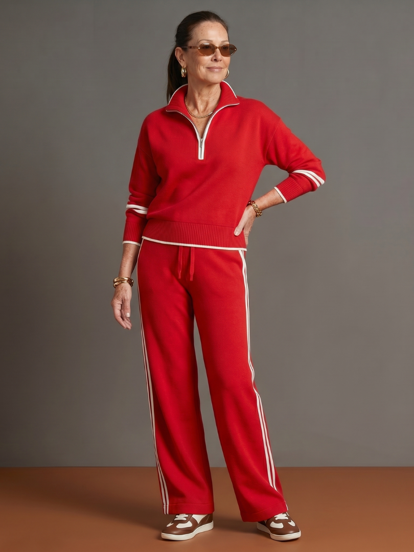Lorenza | Set con Top a Maniche Lunghe con Zip e Pantaloni a Gamba Larga con Striscia Laterale