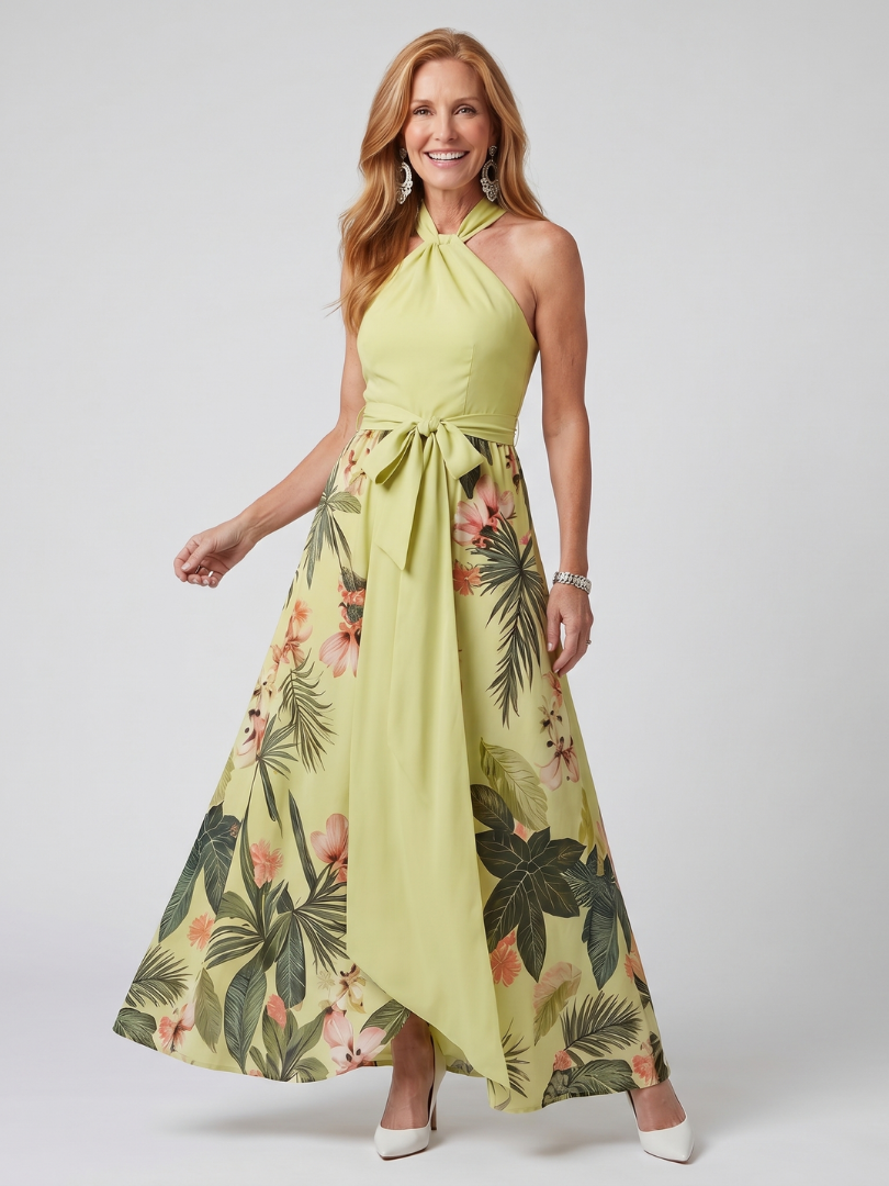 Sandra | Abito lungo con scollo all’americana drappeggiato e pannelli botanici