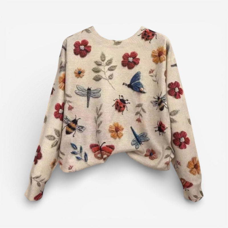 Liva - Maglione a maniche lunghe con scollo rotondo e ricamo floreale