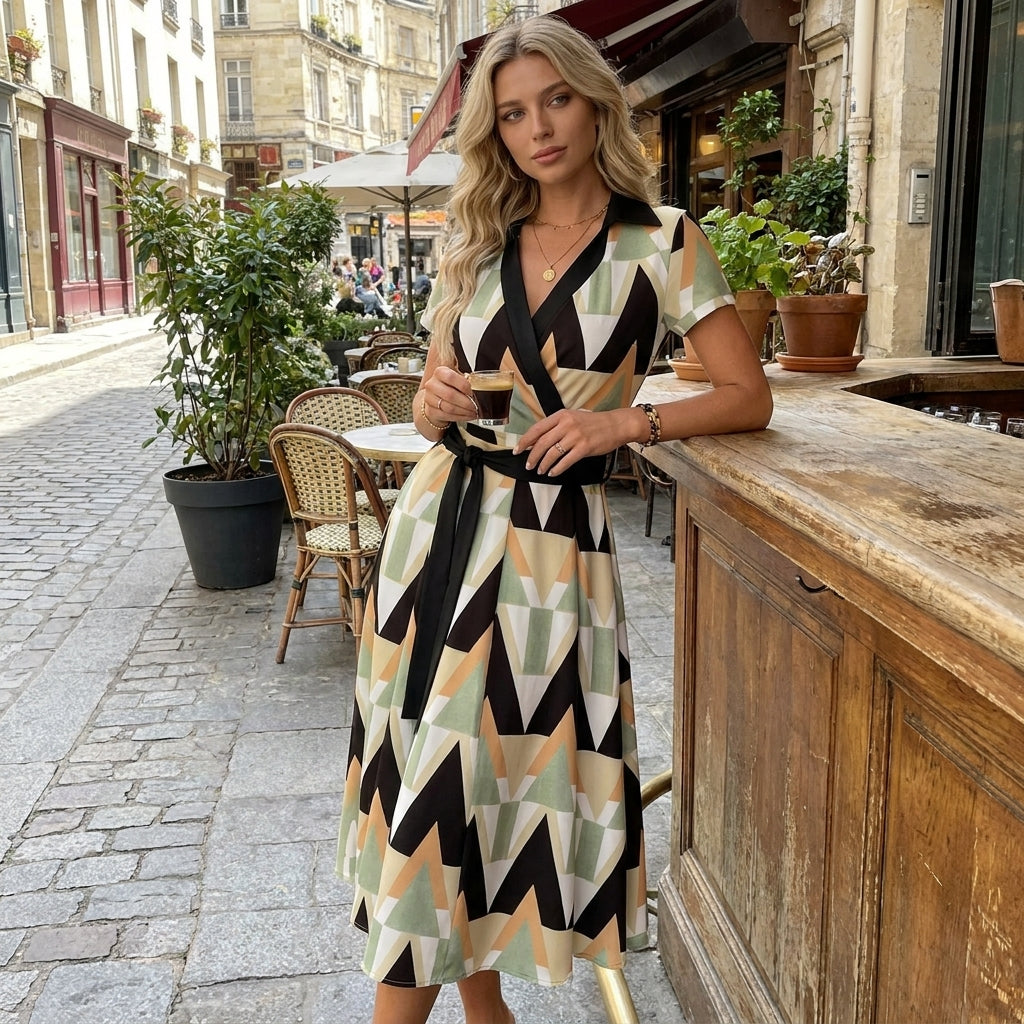 Rita | Vestido midi geométrico con escote en V