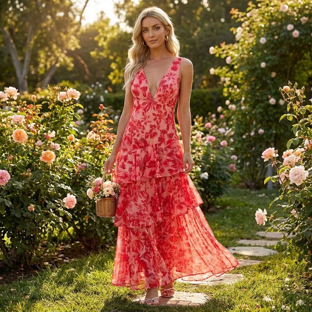 Maya | Vestido largo floral con volantes