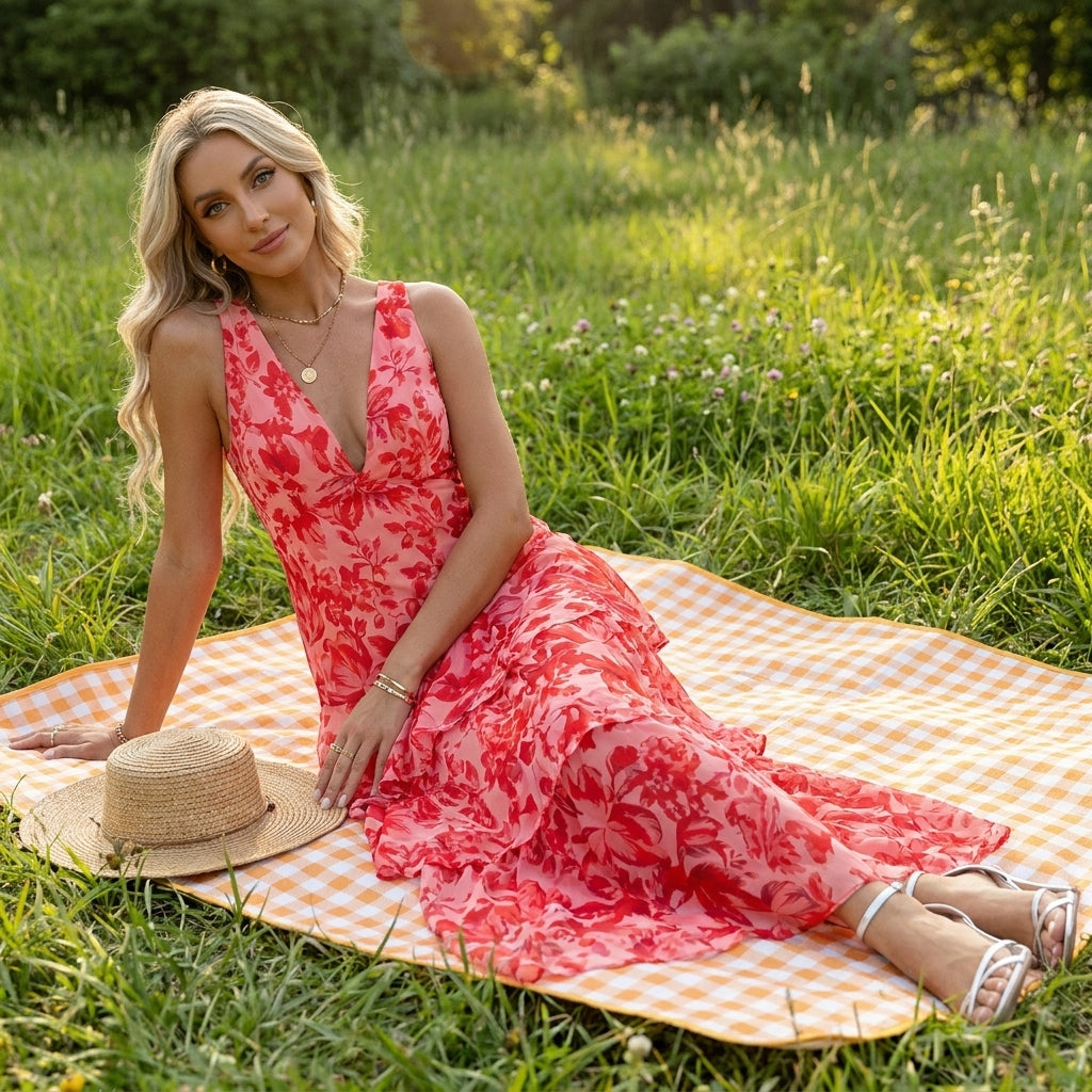 Maya | Vestido largo floral con volantes