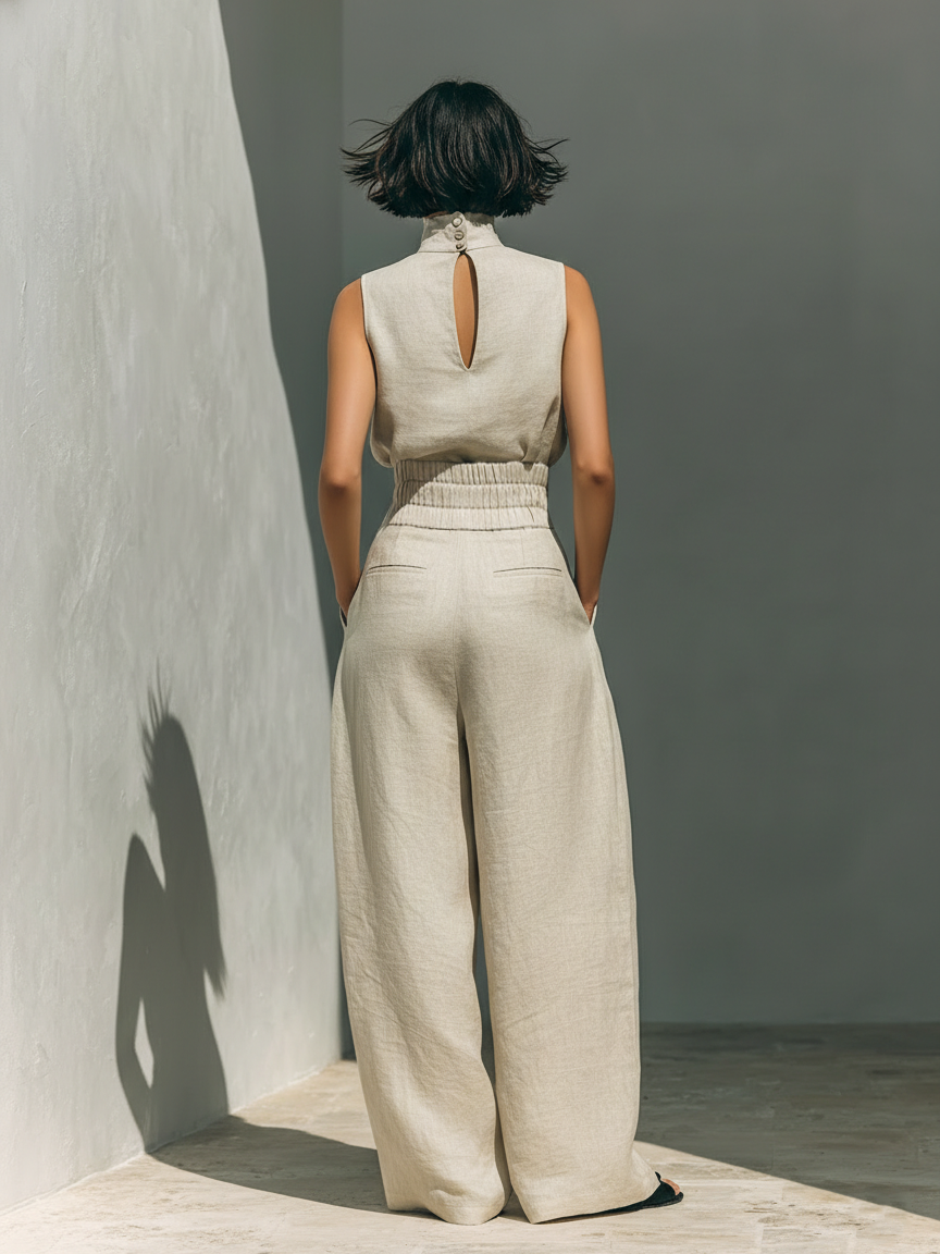 Set composto da camicetta senza maniche e pantaloni a gamba larga in misto cotone e lino.