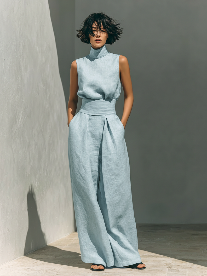 Set composto da camicetta senza maniche e pantaloni a gamba larga in misto cotone e lino.