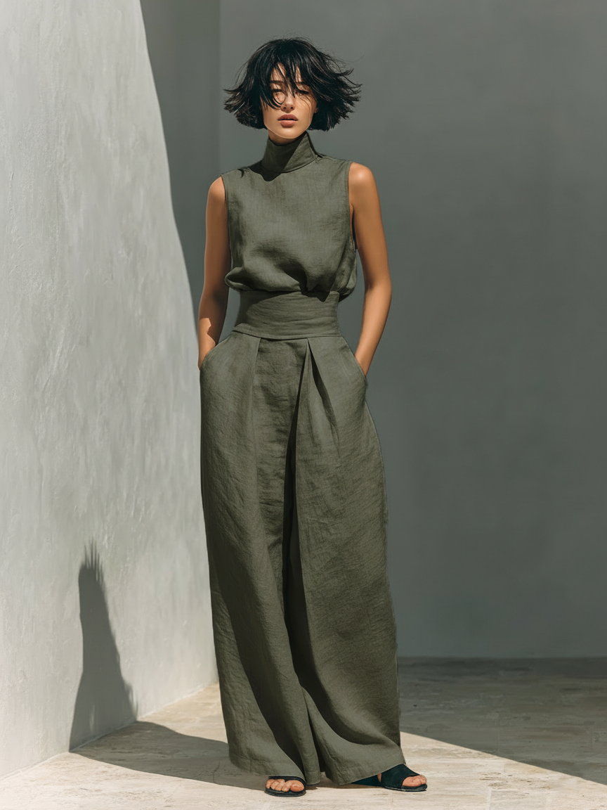 Set composto da camicetta senza maniche e pantaloni a gamba larga in misto cotone e lino.
