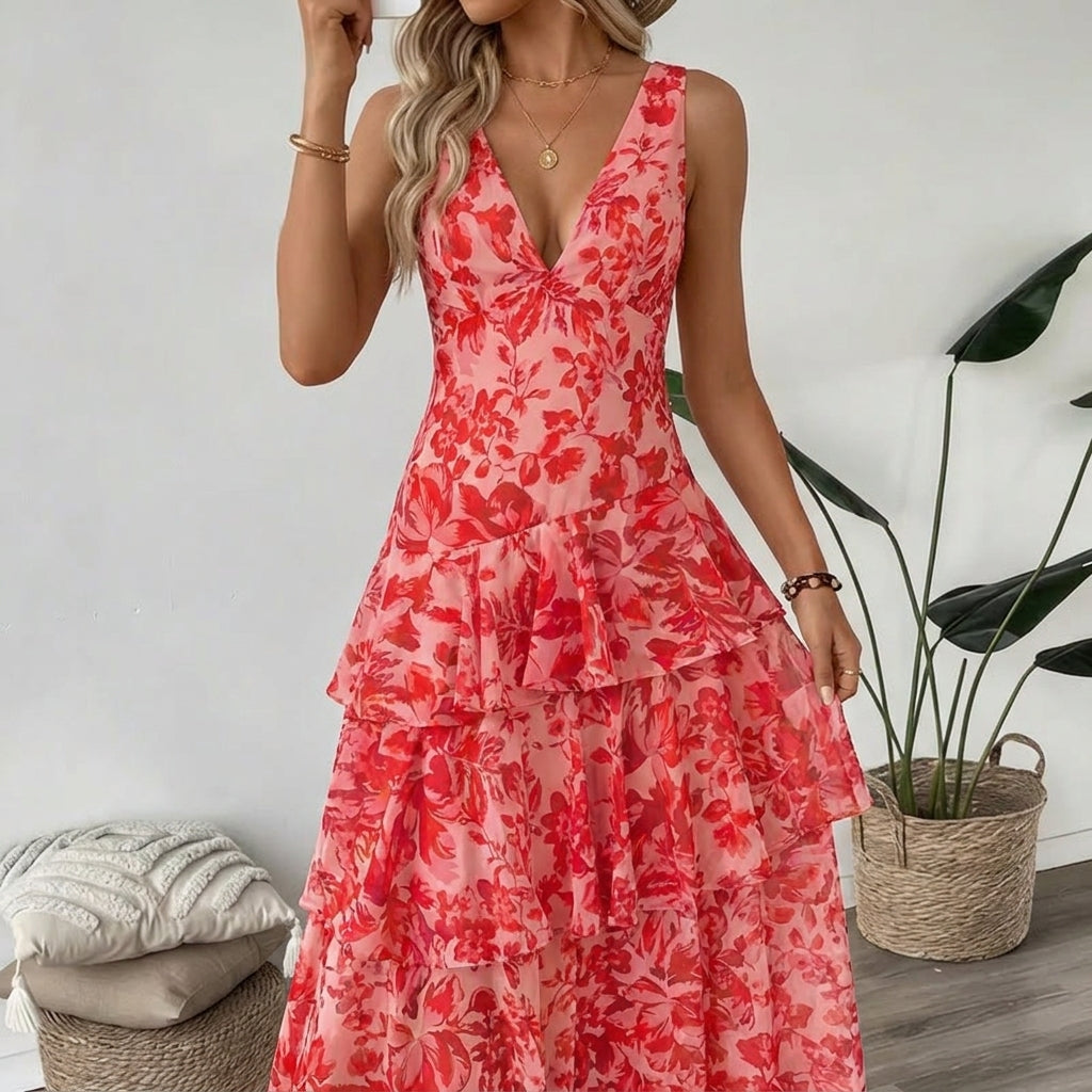 Maya | Vestido largo floral con volantes