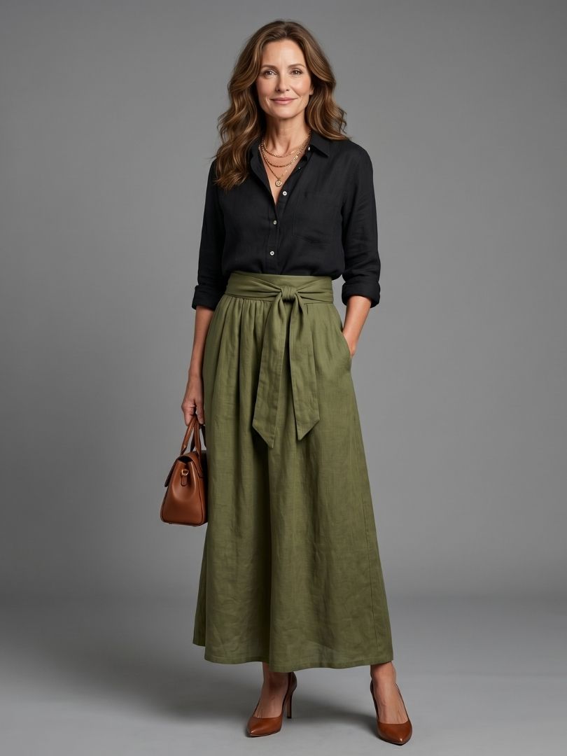 Vera | Set due pezzi – Blusa nera e gonna midi verde oliva